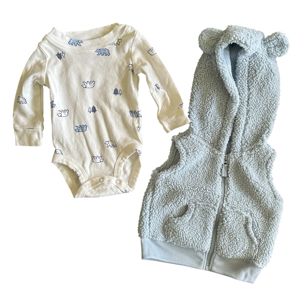Carter's White and Blue Polar Bear Onesie with Matching Plush Vest Size 3M